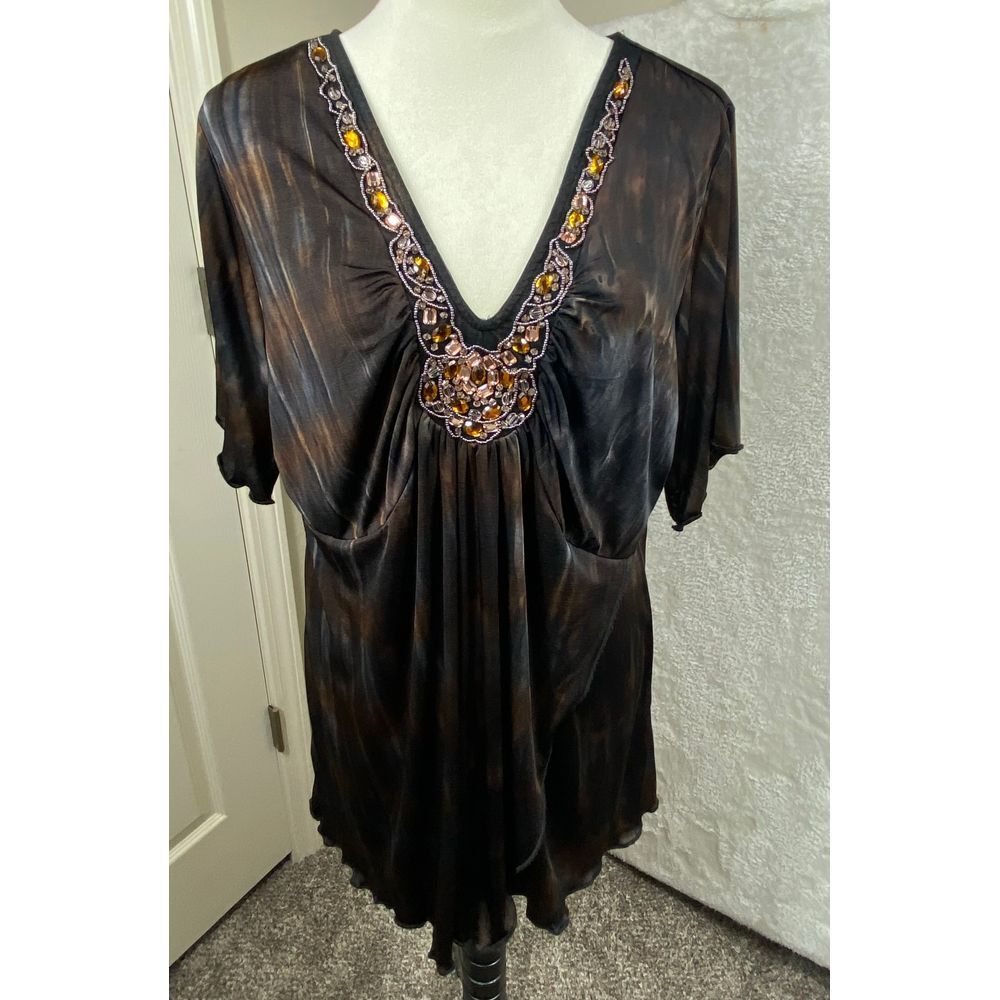 One World Women's 1X Tunic Top Embellished V-Neck Bronze Black Forest Fairy
